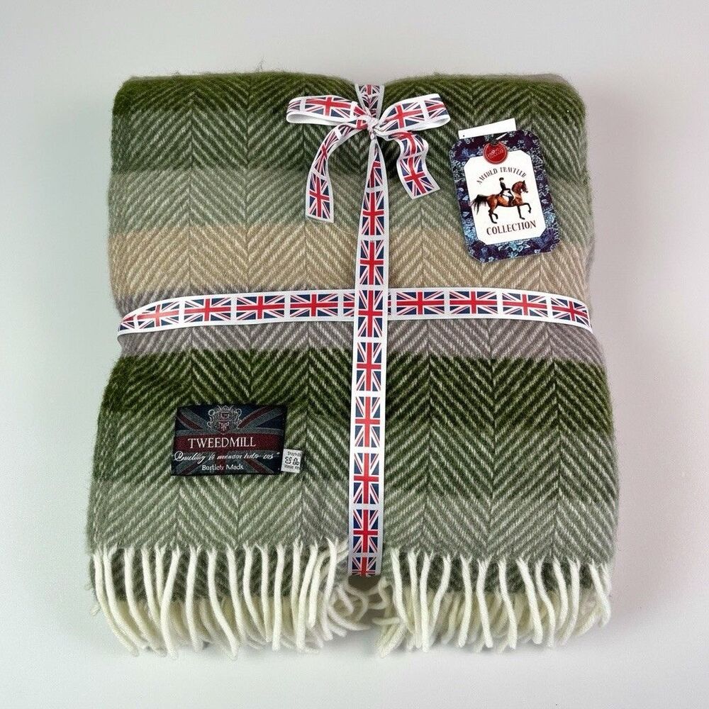 Tweedmill Pure Wool Fringe Stripe Throw Blanket Green Beige British Made 60x70